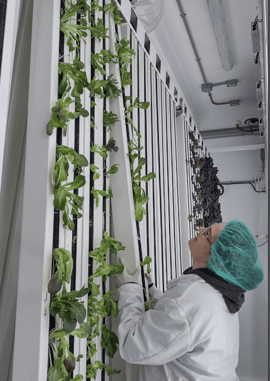 A person in white jacket and hat next to plants.